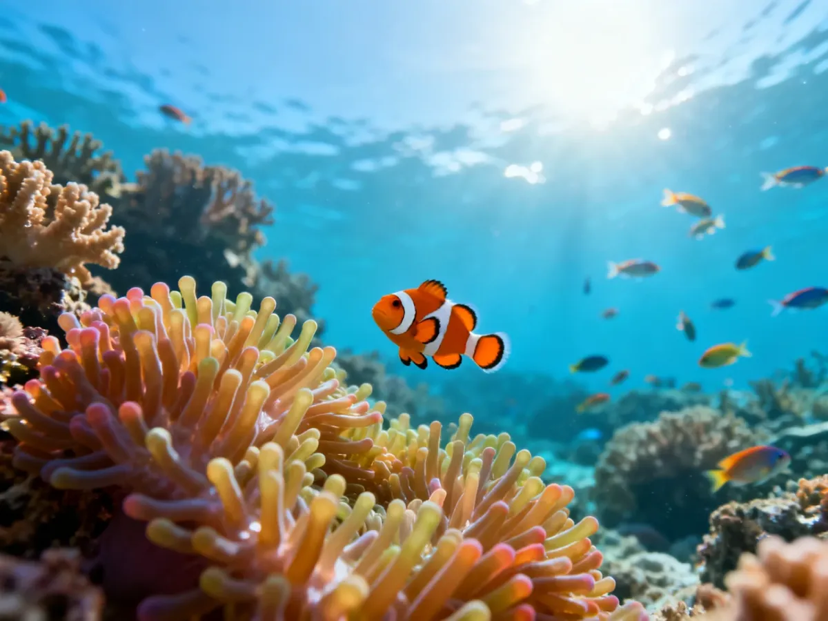 Błazenek pływający wśród kolorowej ukwiałowej rafy koralowej w słonecznym świetle oceanu.