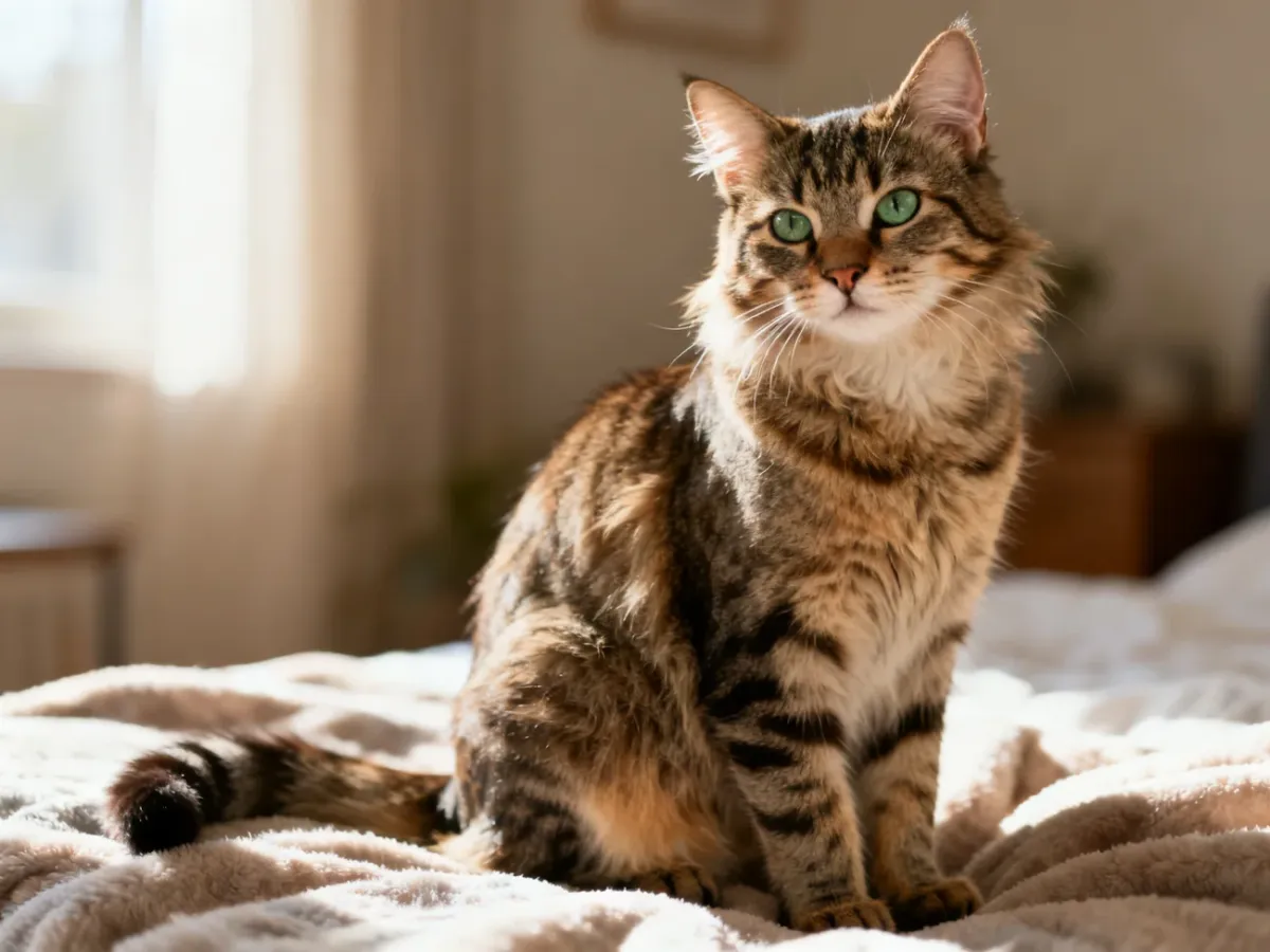 Amerykański bobtail o pręgowanym umaszczeniu i krótkim ogonie siedzi spokojnie na miękkim kocu w jasnym wnętrzu.