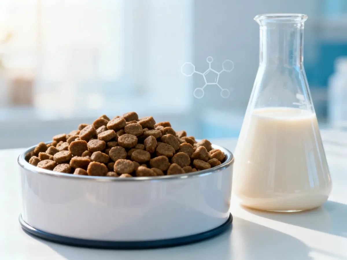 Miska z karmą premium obok zlewki z hydrolizatem białka, ilustrująca łatwostrawną i hipoalergiczną dietę dla zwierząt.