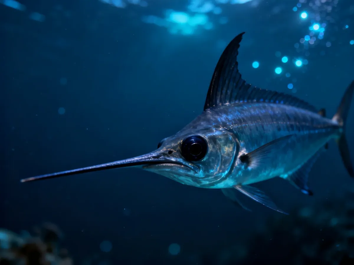 Ryba grenadier pływająca w głębinach oceanu z charakterystycznym długim ogonem i dużymi oczami.