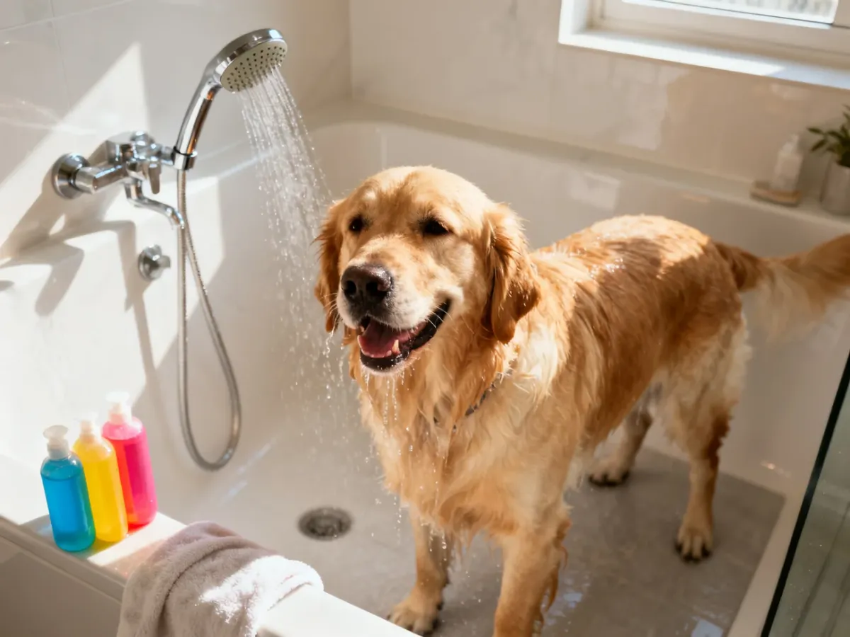 Zadowolony golden retriever podczas kąpieli w nowoczesnej łazience, obok widoczne szampony i ręcznik.