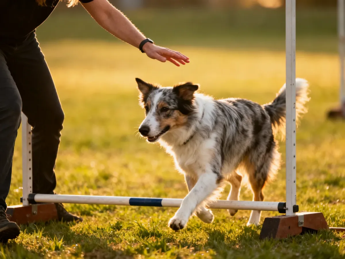 Pies pokonujący niską przeszkodę z drążkiem podczas treningu agility