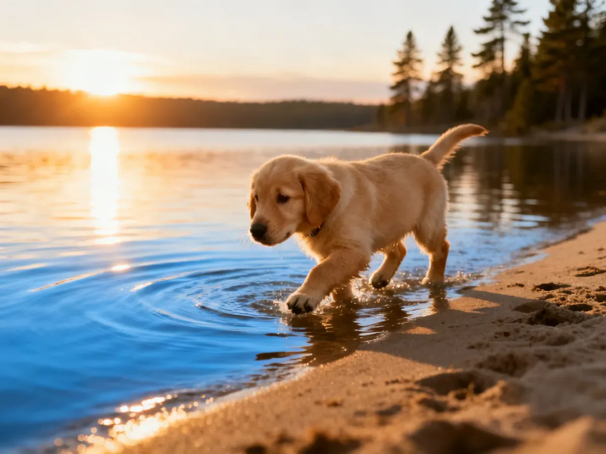 Szczeniak golden retrievera ostrożnie wchodzi do płytkiej wody podczas zachodu słońca, rozpoczynając naukę pływania.