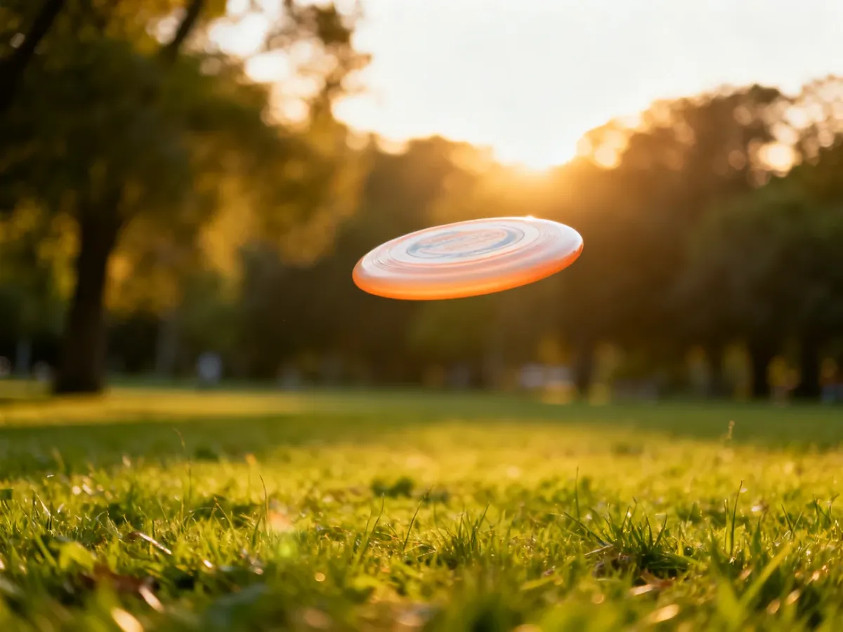 Lecący w powietrzu frisbee na tle zielonego parku w promieniach zachodzącego słońca.