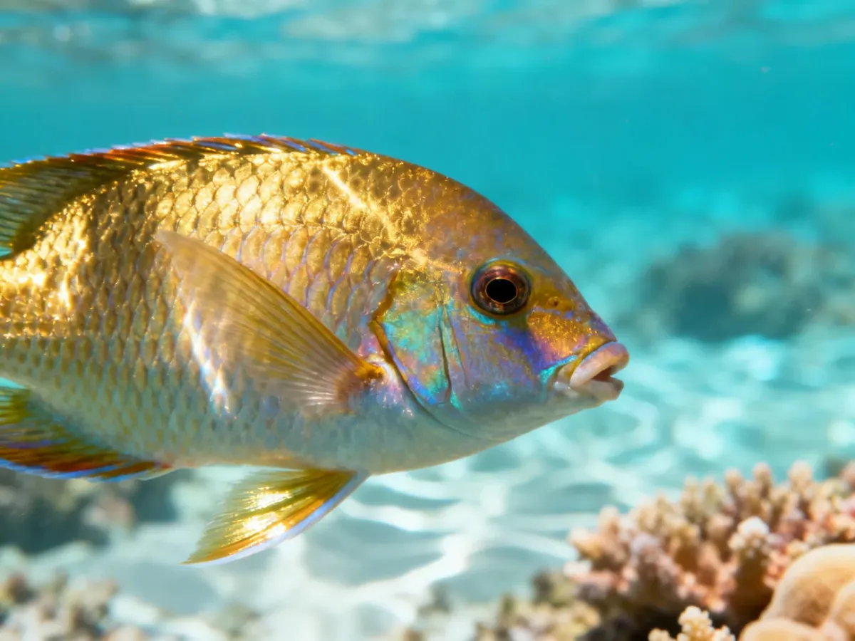 Kolorowa ryba tropikalna pływająca wśród rafy koralowej w przejrzystej wodzie oceanu.