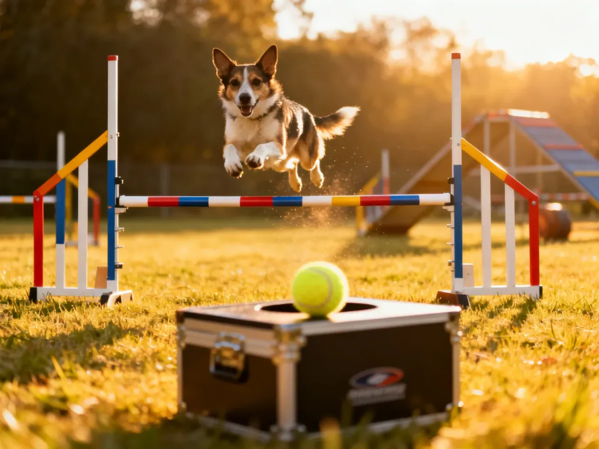 Pies dynamicznie przeskakujący przez przeszkodę na torze flyball w świetle popołudniowego słońca.