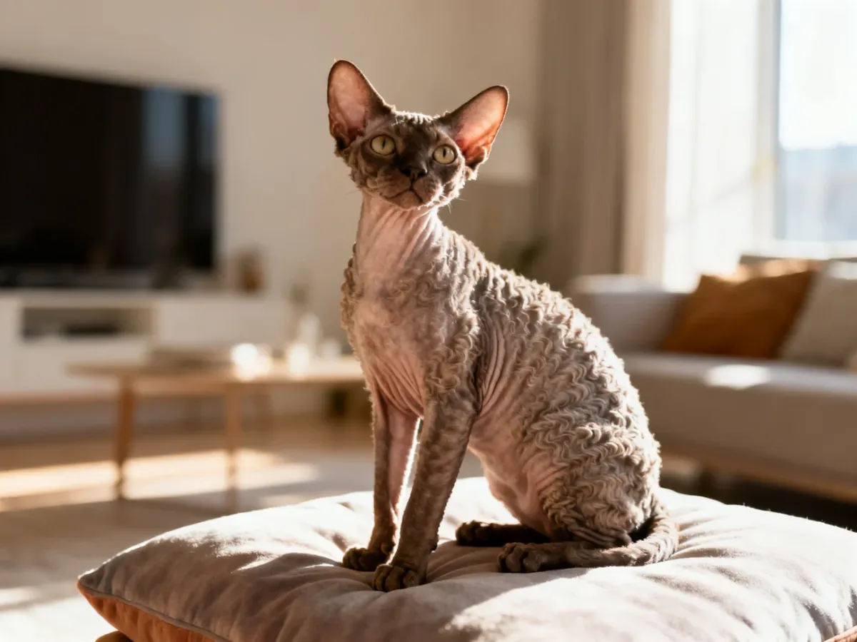 Cornish rex o charakterystycznej kręconej sierści siedzi na miękkiej poduszce w jasnym, nowoczesnym wnętrzu.