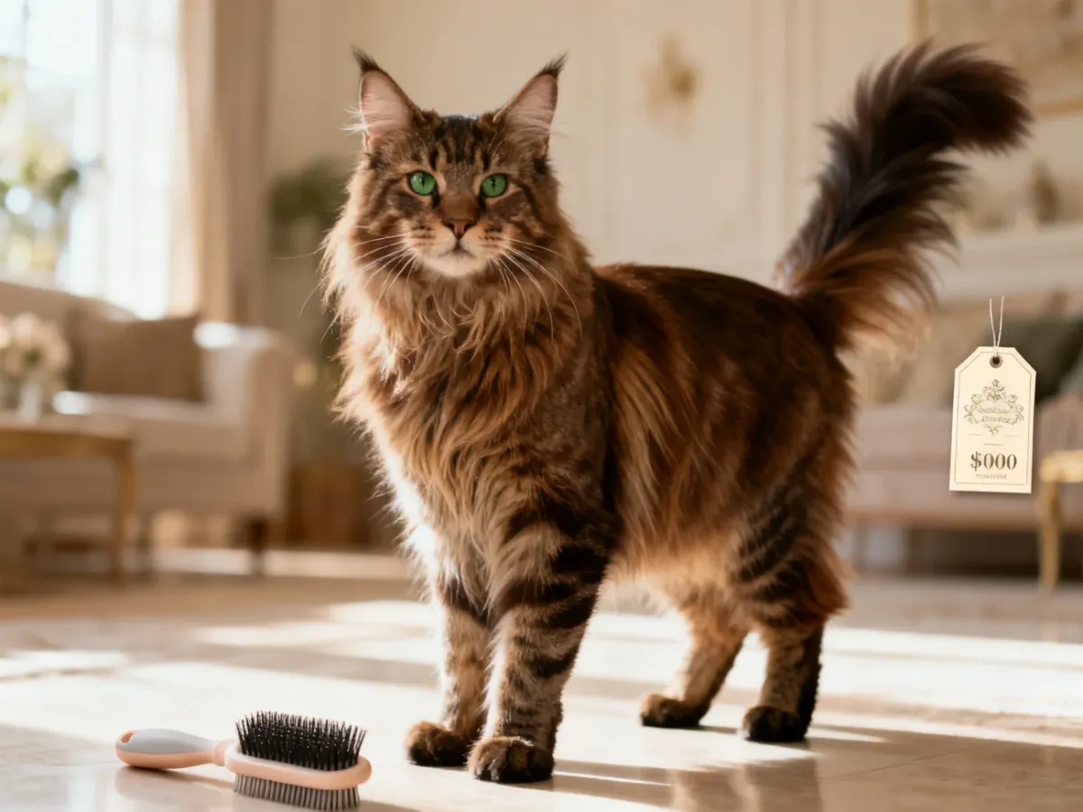 Dostojny kot rasy Maine Coon z akcesoriami do pielęgnacji, podkreślający charakterystyczny wygląd i potrzeby rasy.