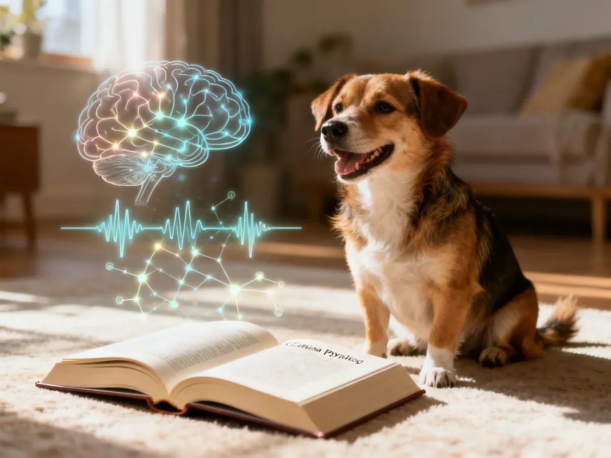 Szczęśliwy pies siedzący obok otwartej książki o psiej psychologii, z wizualizacją aktywności mózgu w tle.