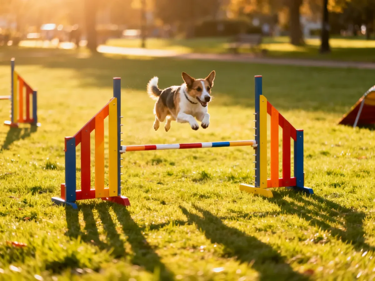 Pies przeskakujący przez kolorową przeszkodę na profesjonalnym torze agility w słoneczny dzień.