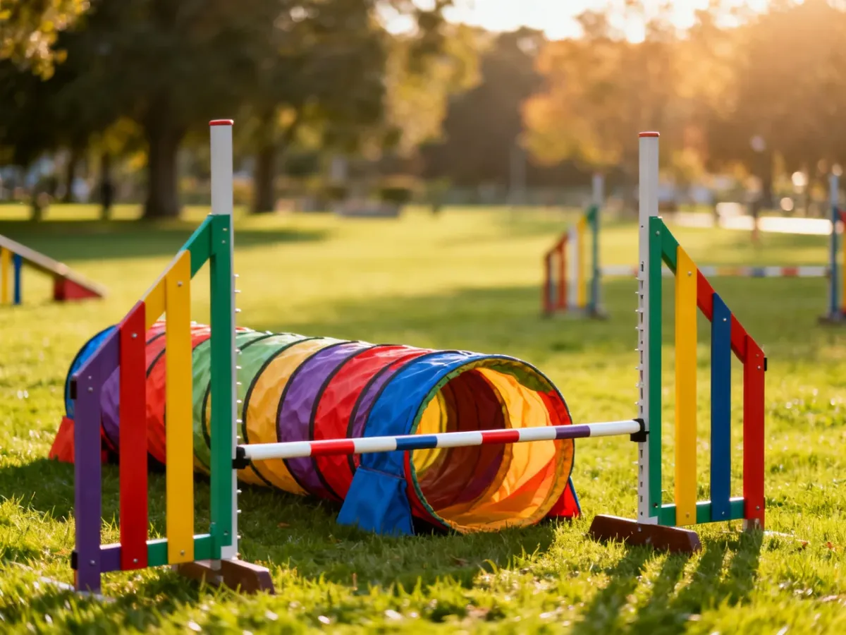 Kolorowy tor przeszkód do agility na zielonej murawie, gotowy do rozpoczęcia treningu z psem w słoneczny dzień.