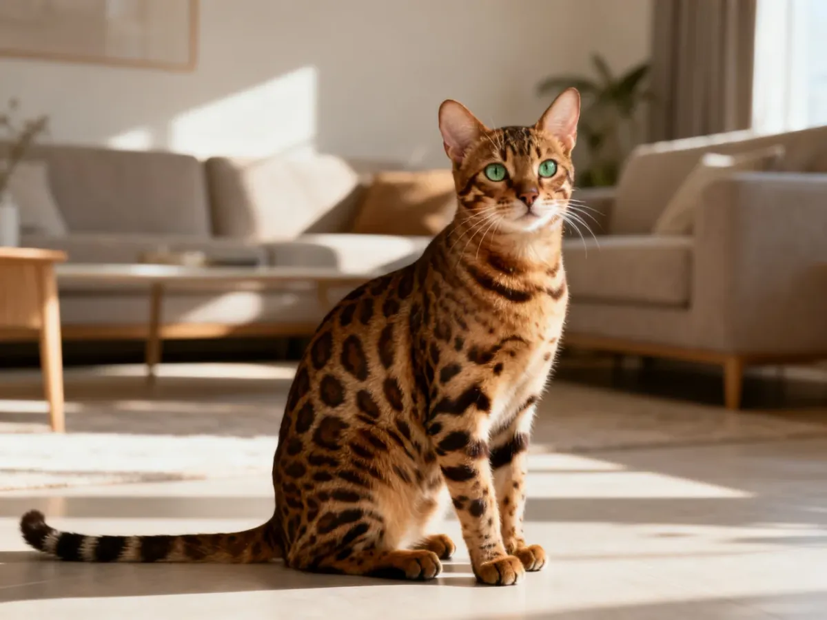 Ocicat o charakterystycznym cętkowanym umaszczeniu siedzi w jasnym salonie, prezentując swoją atletyczną sylwetkę.