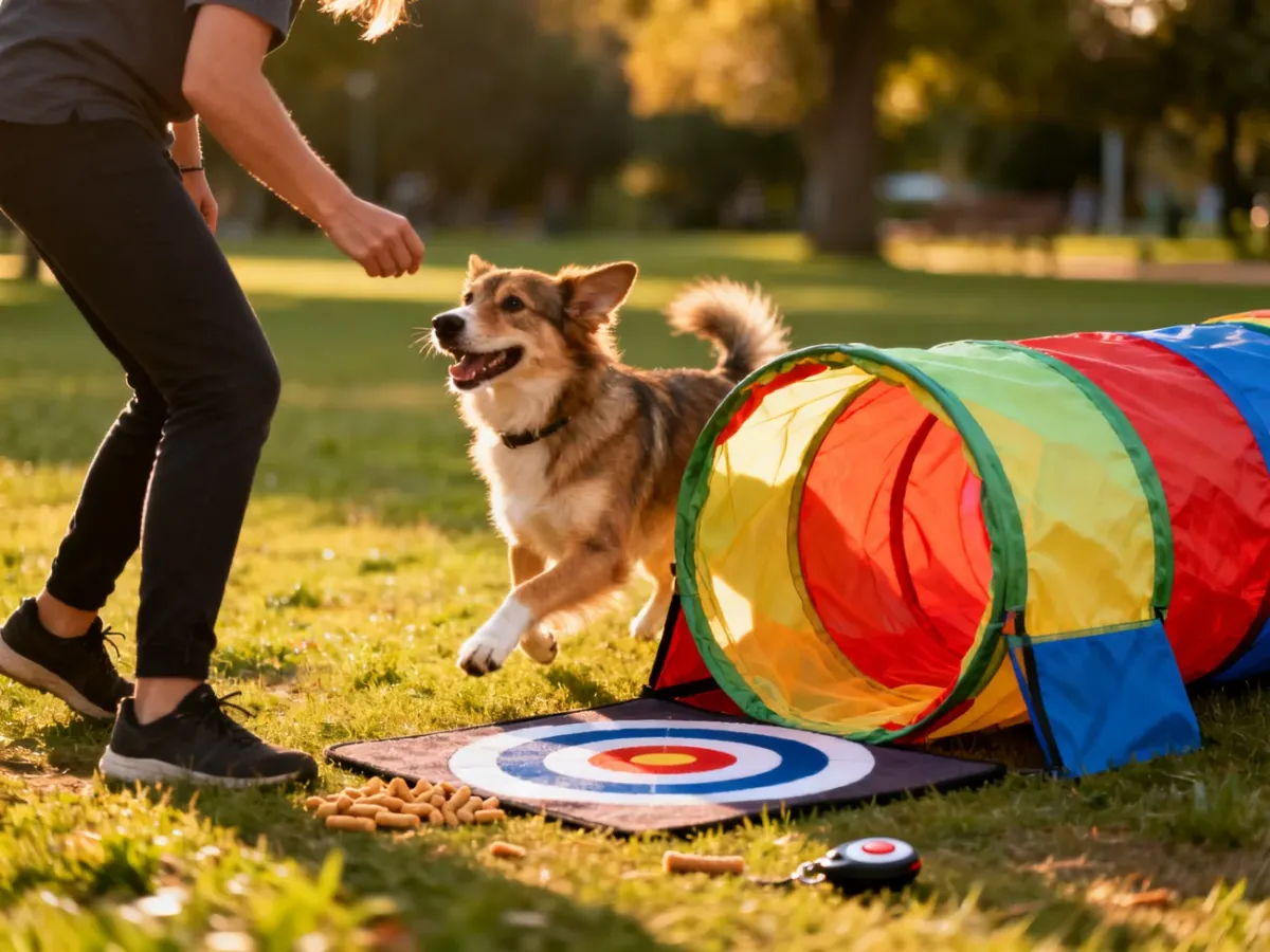 Pies podczas treningu agility na torze przeszkód, skupiony na opiekunie i nagrodzie w ramach pozytywnego wzmacniania.