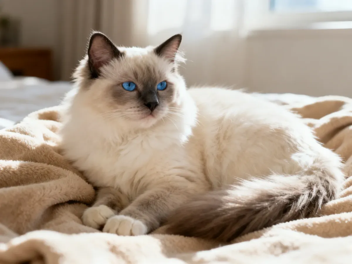 Puszysty kot rasy ragdoll o błękitnych oczach i umaszczeniu typu colorpoint, odpoczywający spokojnie na beżowym kocu.