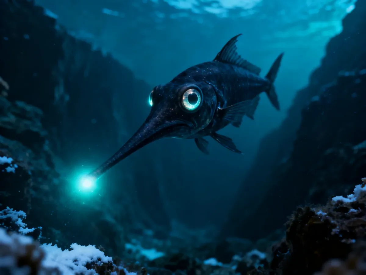 Ryba grenadier pływająca w ciemnych głębinach oceanu, oświetlona delikatnym bioluminescencyjnym blaskiem.