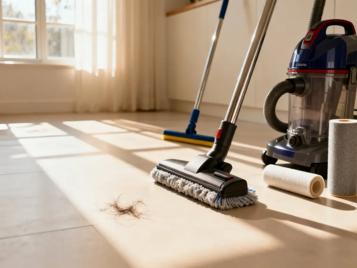 Nowoczesny salon z jasną podłogą oraz zestawem narzędzi do usuwania sierści, takich jak odkurzacz, mop i rolka.