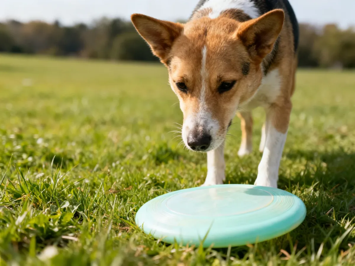 Pies poznający miękki dysk frisbee na trawie