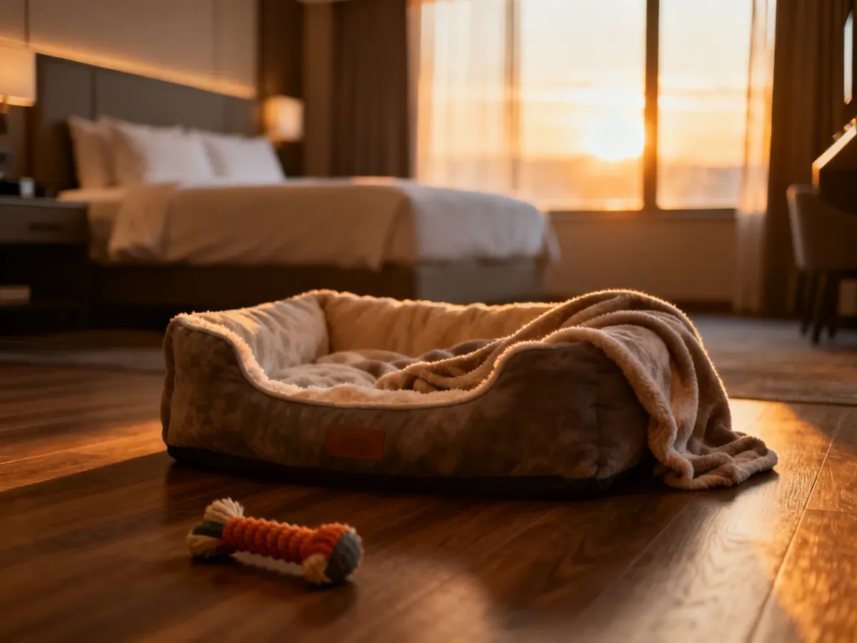 Przytulny pokój hotelowy z legowiskiem dla psa, zachęcający do wypoczynku z pupilem.