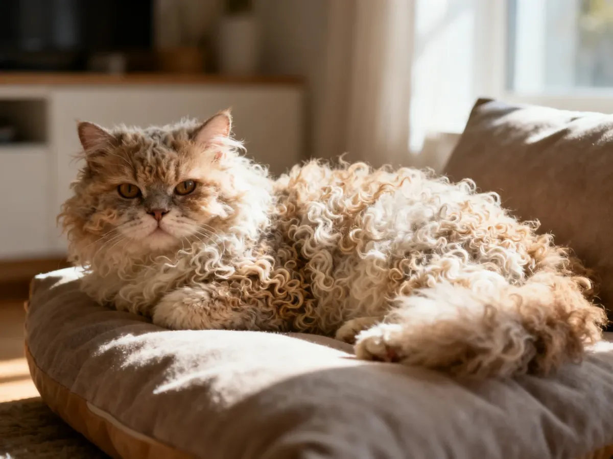 Kot rasy Selkirk rex o charakterystycznym, kręconym futrze odpoczywa na miękkiej poduszce w jasnym wnętrzu.