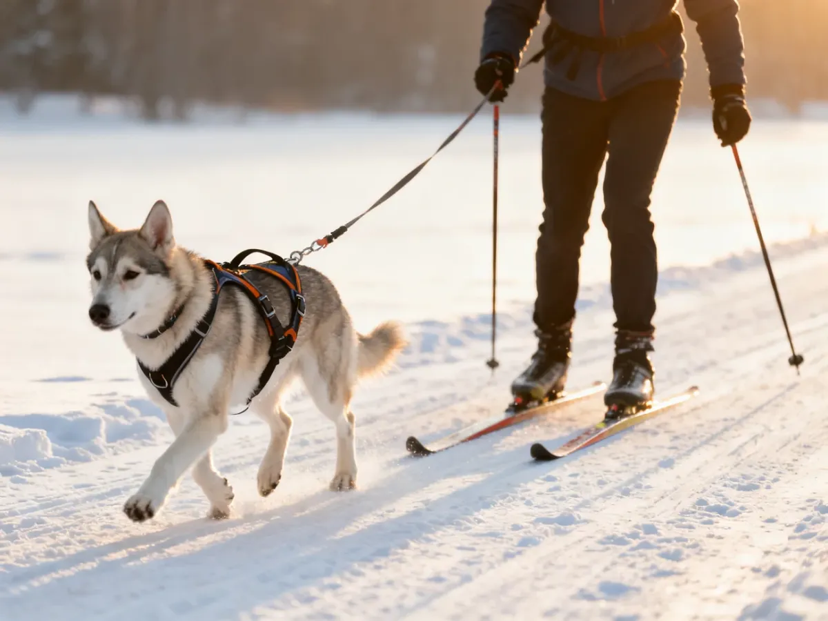 Pies uczący się skijoringu pod opieką narciarza