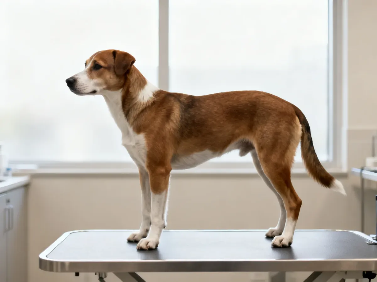 Pies średniej wielkości stojący w profilu na platformie weterynaryjnej, prezentujący prawidłową budowę ciała.