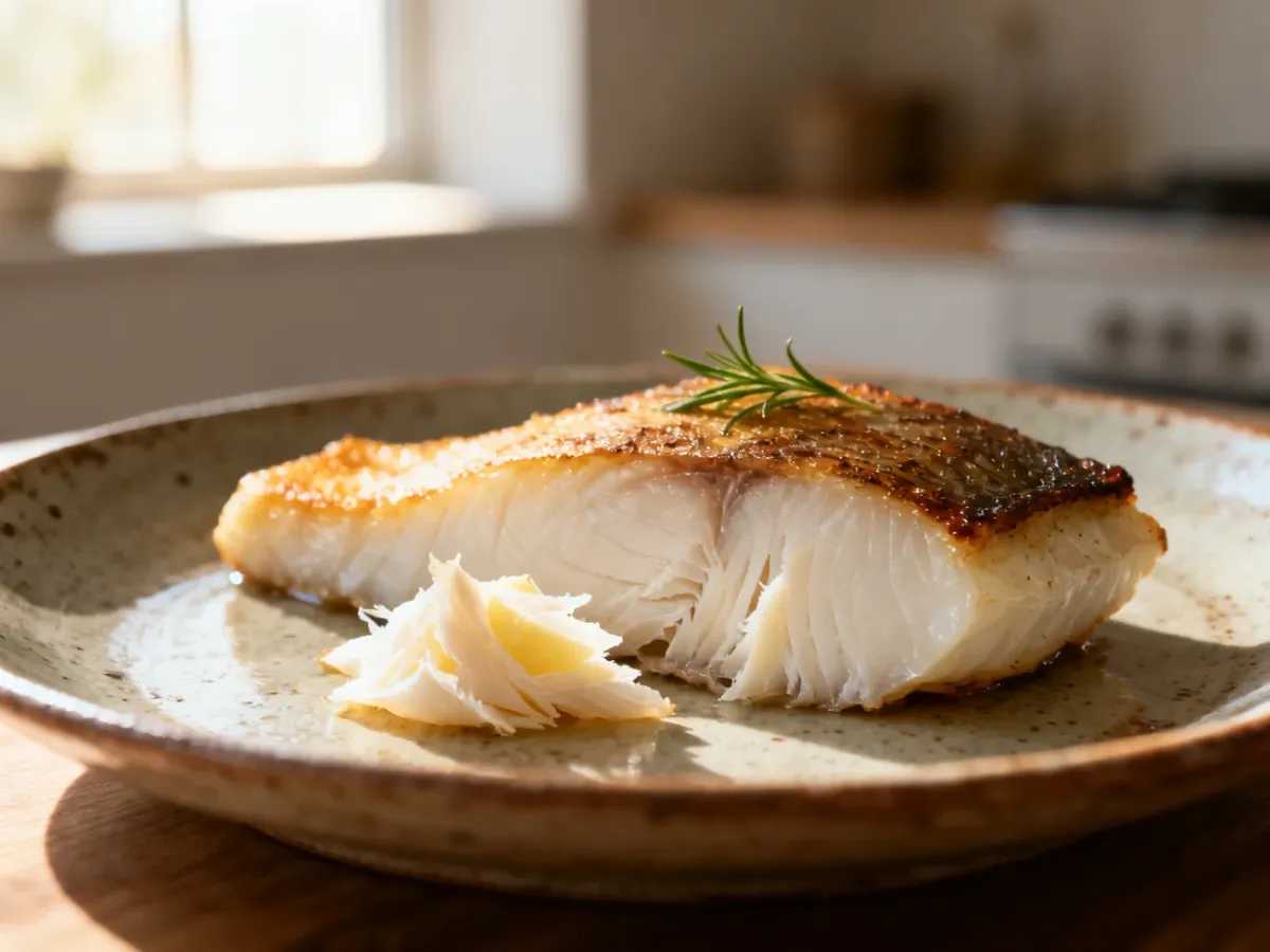 Soczysty filet z ryby maślanej z ziołami, podany na rustykalnym talerzu w ciepłym, naturalnym świetle.