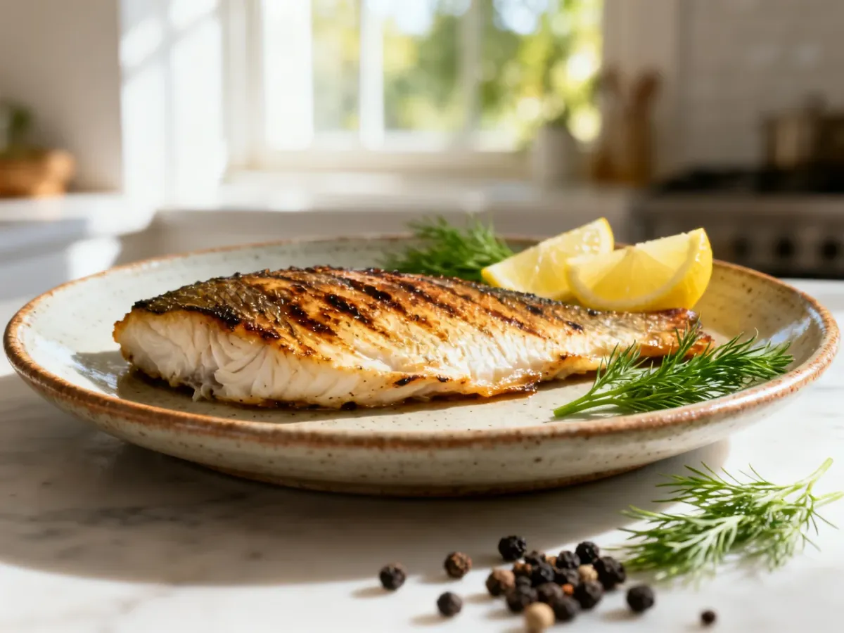 Pieczony filet z tilapii podany na ceramicznym talerzu z cytryną i koperkiem w słonecznej kuchni.