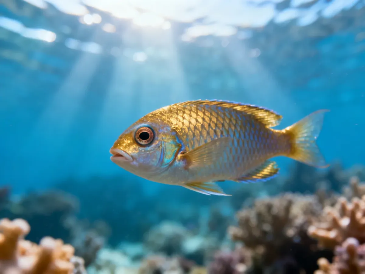 Zbliżenie na głowę tropikalnej ryby w słonecznej wodzie, ukazujące szczegóły jej budowy i ciekawskie spojrzenie.