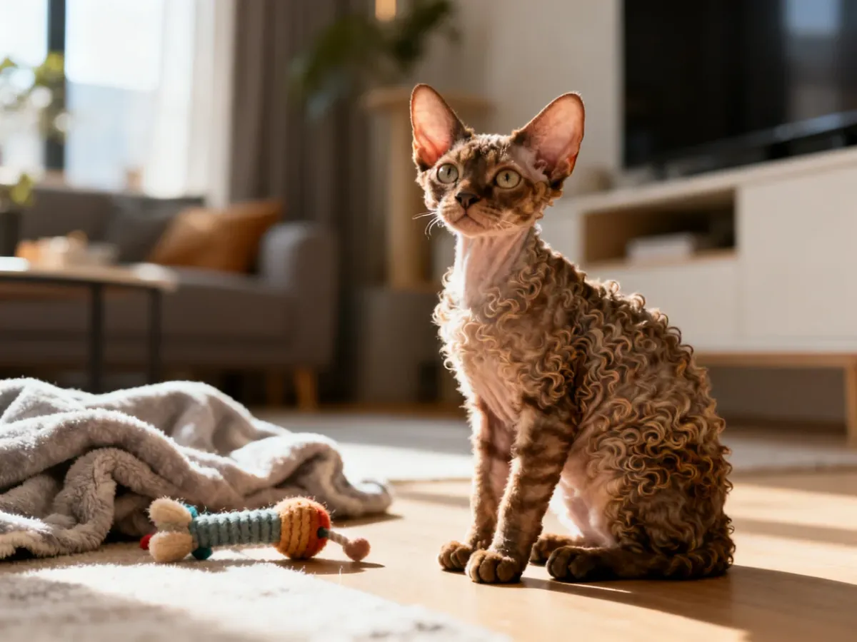 Kot rasy Devon Rex o charakterystycznej kręconej sierści i dużych uszach siedzi w przytulnym, domowym wnętrzu.