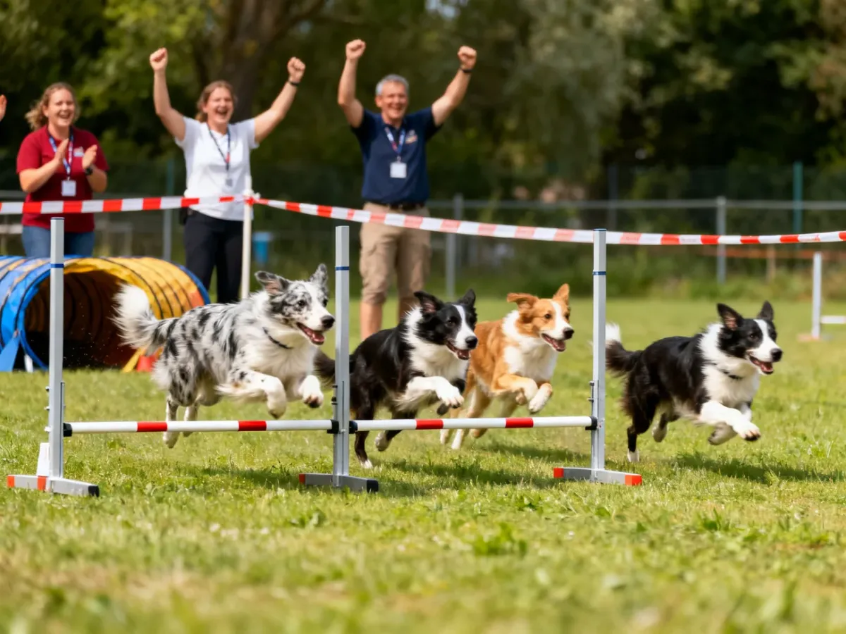 Psy ścigające się przez przeszkody podczas drużynowego wyścigu flyball