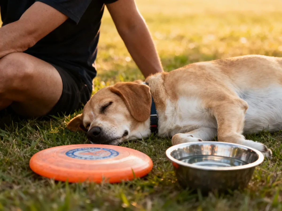 Pies odpoczywający po bezpiecznej zabawie z frisbee