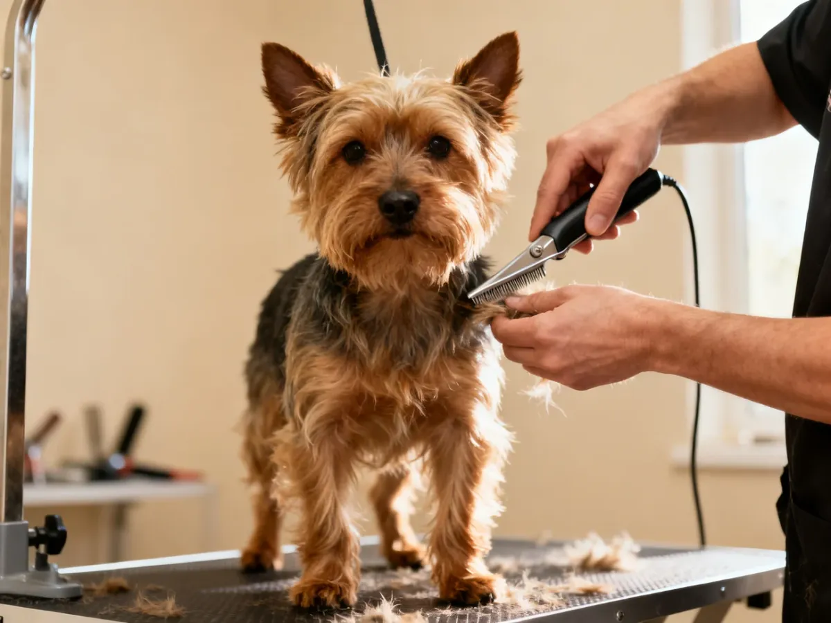 Profesjonalny groomer wykonuje zabieg trymowania szorstkiej sierści teriera przy użyciu specjalistycznego narzędzia.