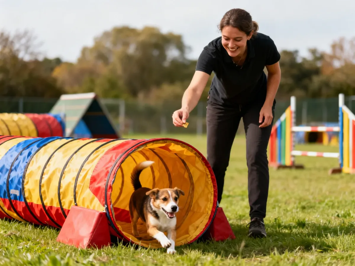 Pies uczący się przechodzenia przez tunel agility pod opieką przewodnika