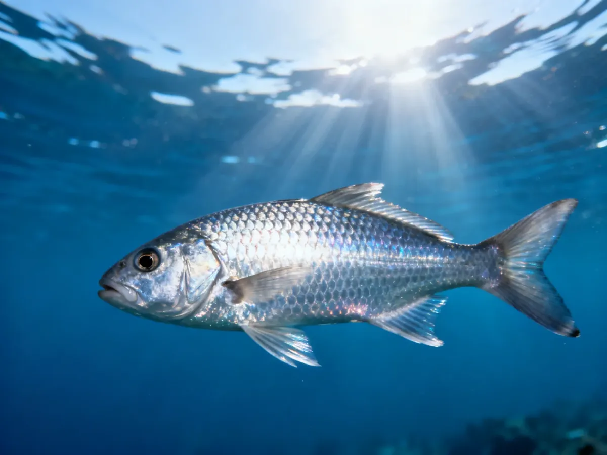 Srebrzyk pływający w głębinach oceanu, prezentujący swoje lśniące łuski w promieniach światła przenikających przez wodę.