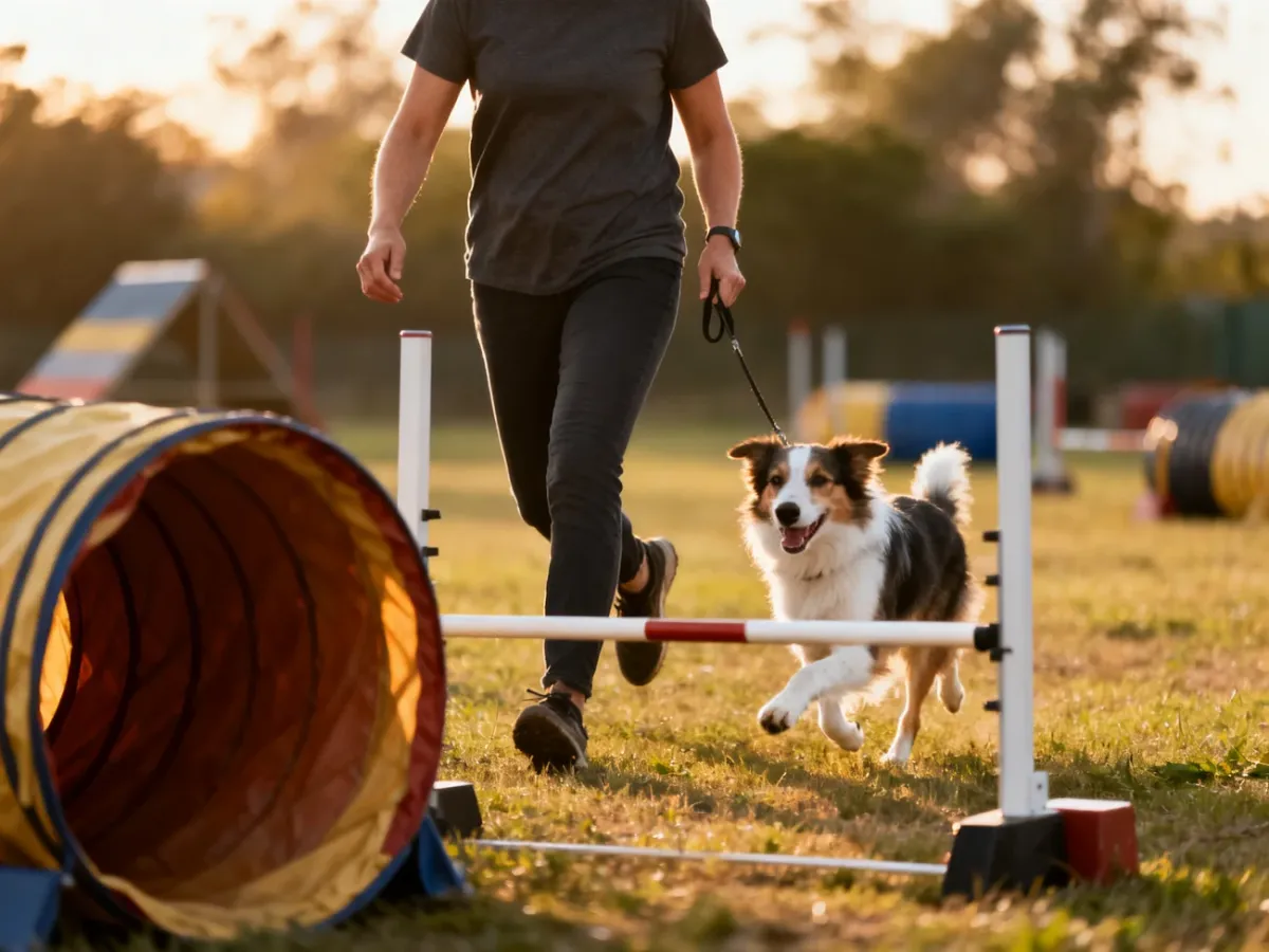Pies i przewodnik wspólnie pokonujący prosty tor agility