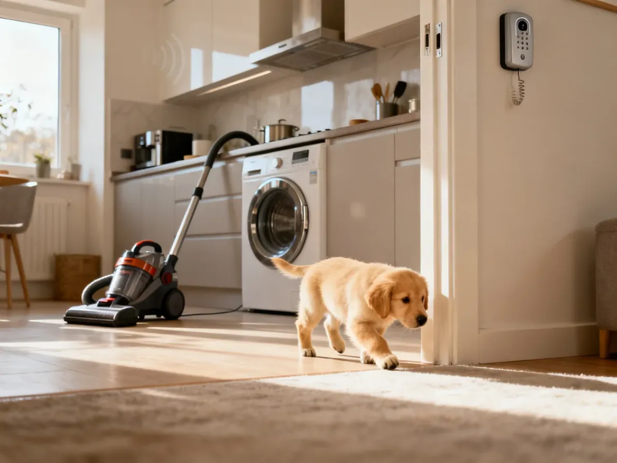 Szczeniak golden retriever spokojnie eksploruje przytulny dom, oswajając się z codziennymi dźwiękami urządzeń.
