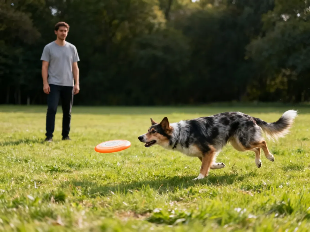 Pies łapiący frisbee w niskim locie nad trawą