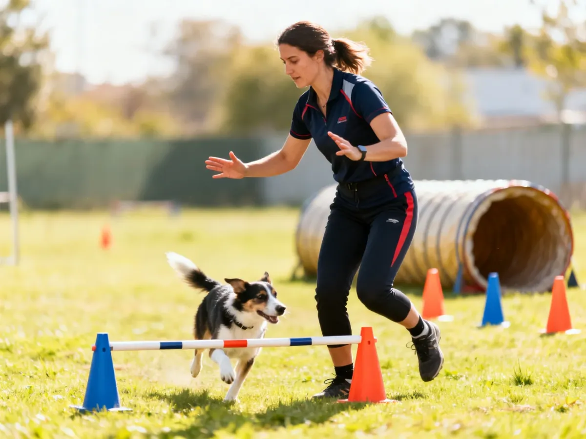 Przewodnik kierujący psem za pomocą gestów podczas treningu agility