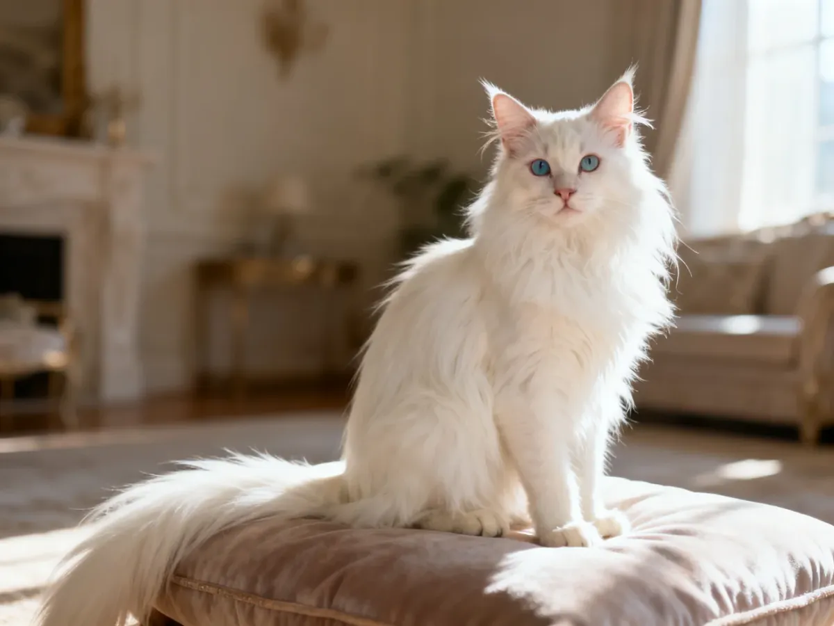 Biała angora turecka z różnokolorowymi oczami siedzi na miękkiej poduszce w jasnym, eleganckim wnętrzu.