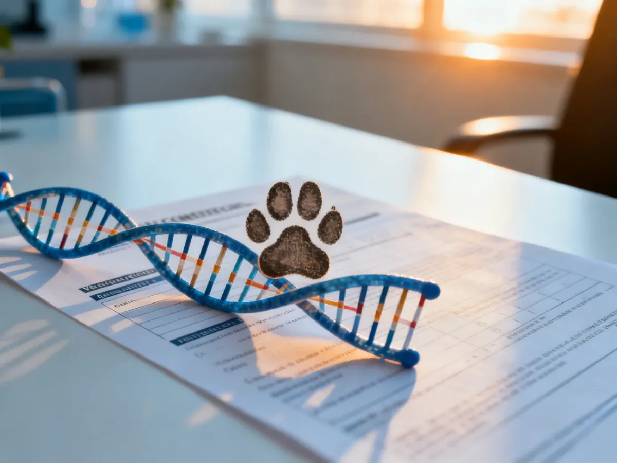 Model DNA spleciony z odciskiem psiej łapy oraz raportem genetycznym na biurku, symbolizujący badania genetyczne psów.
