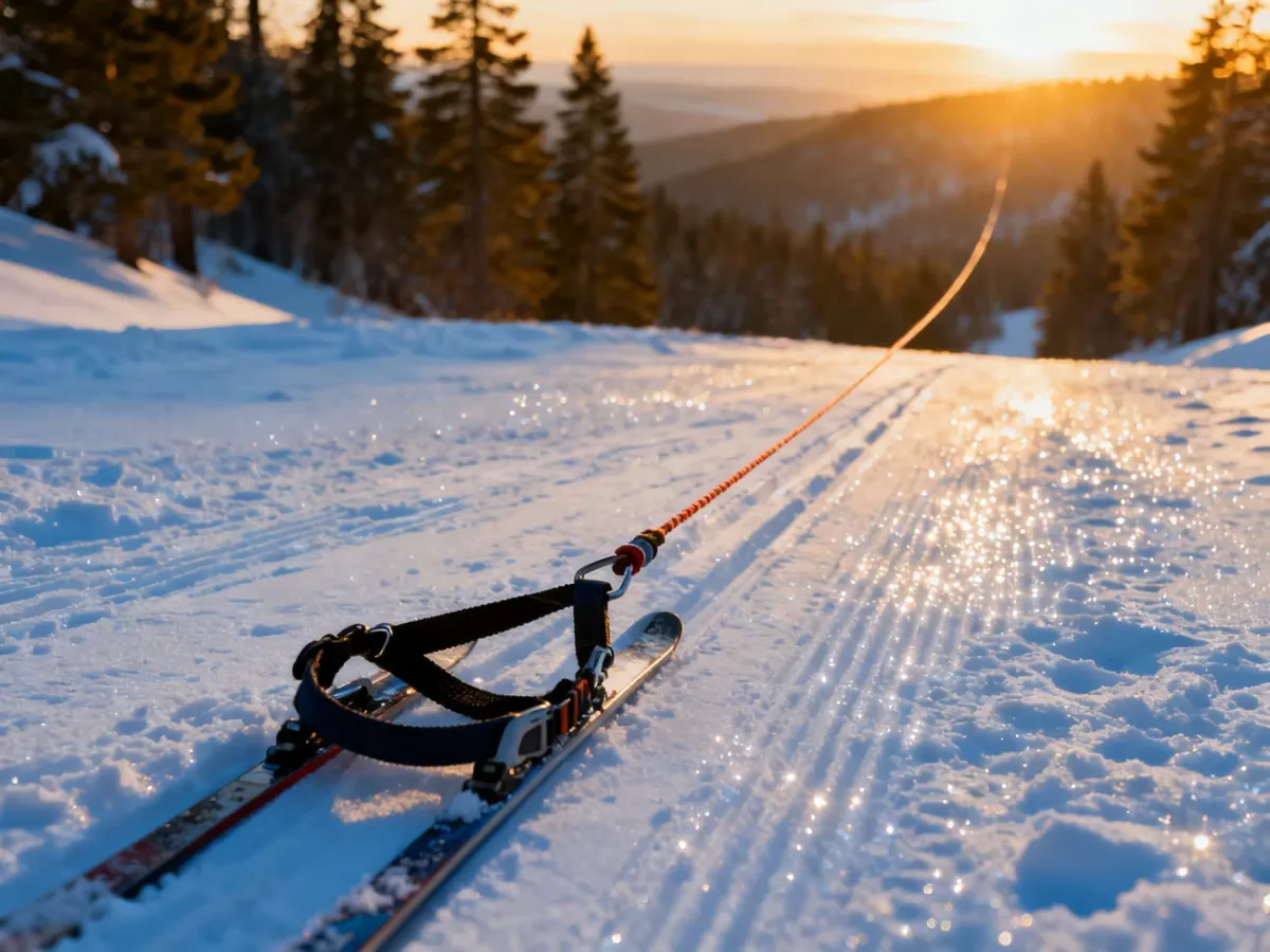 Profesjonalny sprzęt do skijoringu na ośnieżonym szlaku o wschodzie słońca, gotowy do wspólnego treningu z psem.
